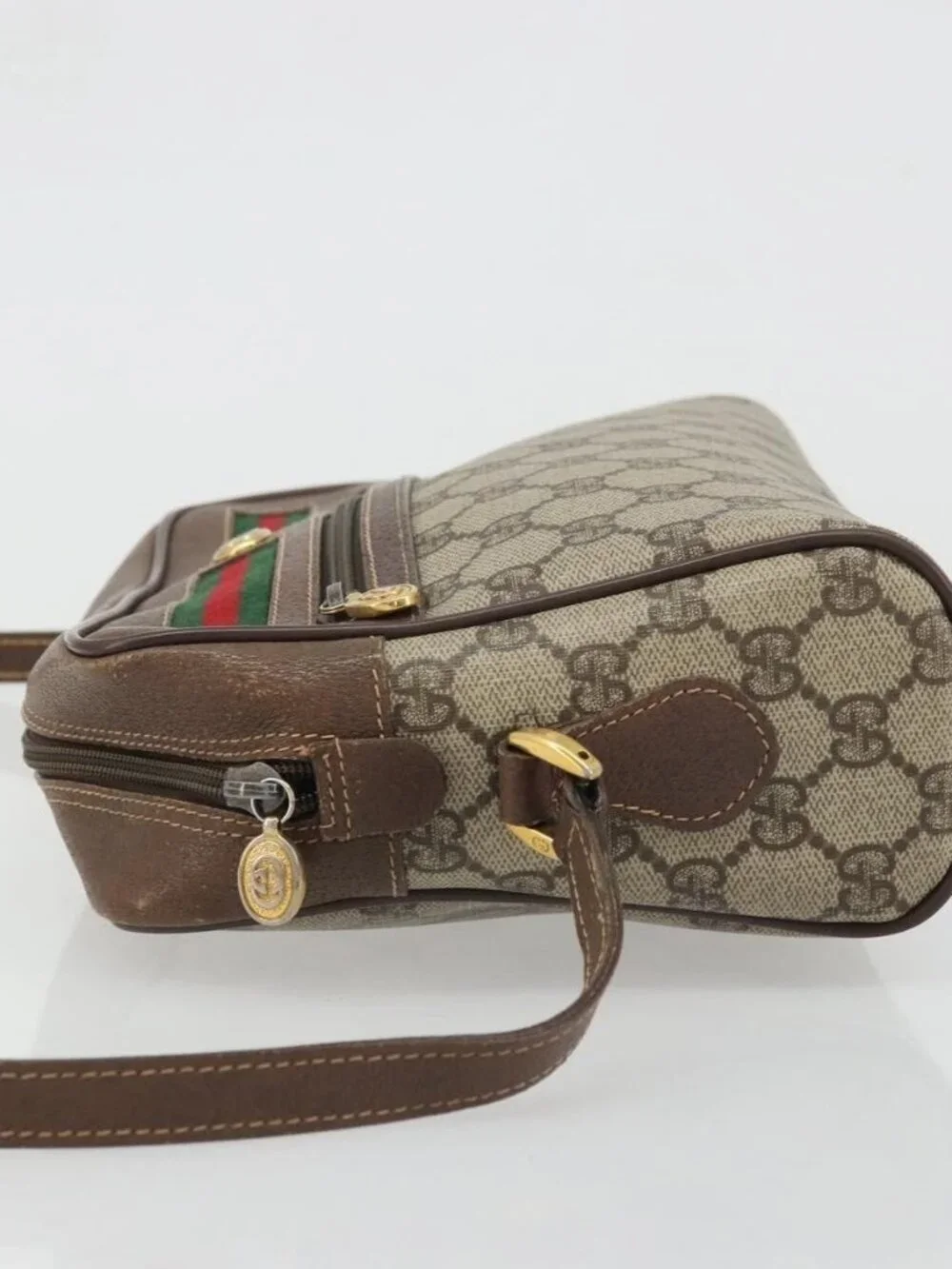 GUCCI GG Supreme Web Sherry Line Bag PVC Beige Gold 56 02 088 Auth am11288